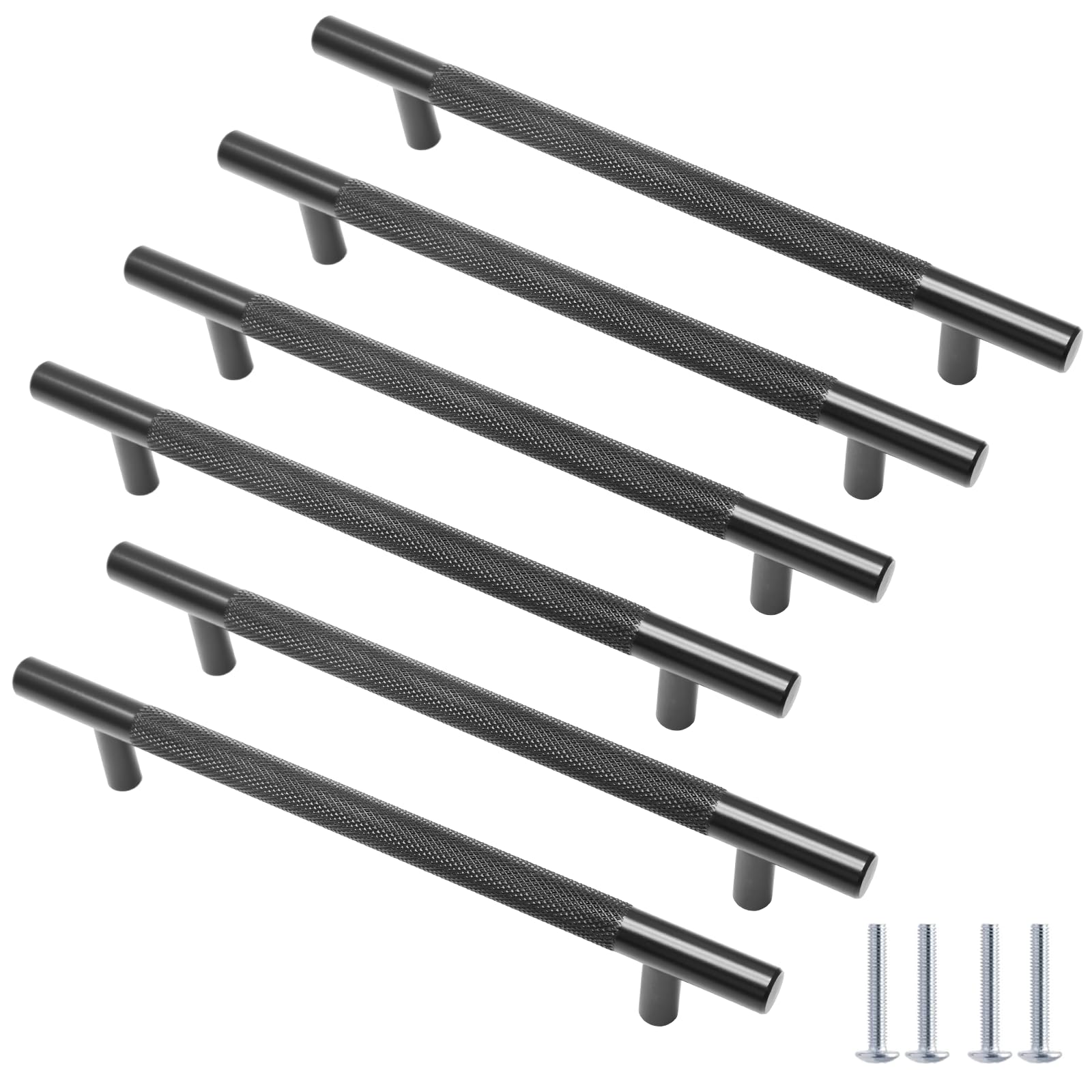 Cjueiom 6 Pack Matt Black Cupboard Handles 160mm Hole Center T Bar Handles, Knurled Drawer Handles Long Wardrobe Door Handles Pulls with Diamond Pattern, Kitchen Cabinet Handles for Bedroom Drawer