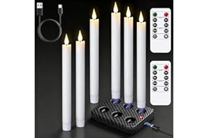 GenSwin Rechargeable Flameless Taper Candles with Charging Base, 6 Pack White LED Taper Candles Battery Operated with 2 Remot