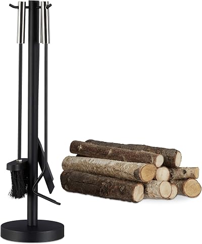 Relaxdays Black Steel Fire Irons 4-Piece Set Shovel Broom Poker Rack Modern