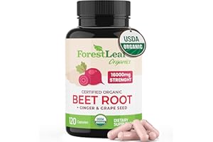 ForestLeaf Organic Beet Root Capsules - Beetroot Supplement 16000mg Strength 20:1 Extract Pills w/Ginger Grape Seed | Support Blood Pressure, Nitric Oxide, Flow, Circulation | Beets Powder - 120 Caps