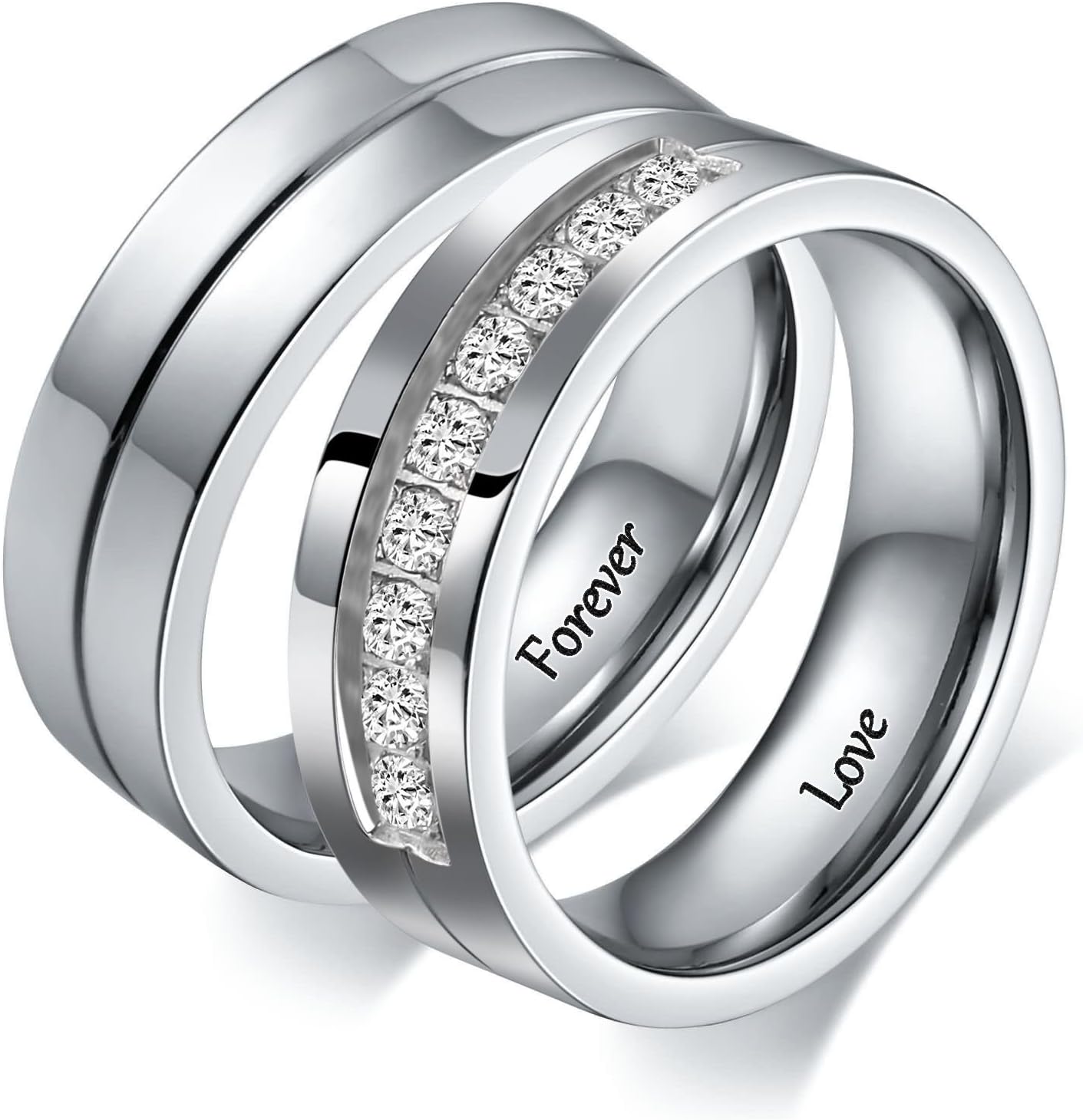 Aeici Stainless Steel Rings for Women Men Couple Ring Matching Set Wedding Bands Cubic Zirconia CZ Silver