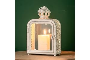 DECORKEY Candle Lantern Decorative Indoor & Outdoor, Vintage Metal Lanterns with Clear Glass, Tabletop&Hanging Candle Holders for Patio Front Porch Home Decor, Halloween Christmas Decorations (White)