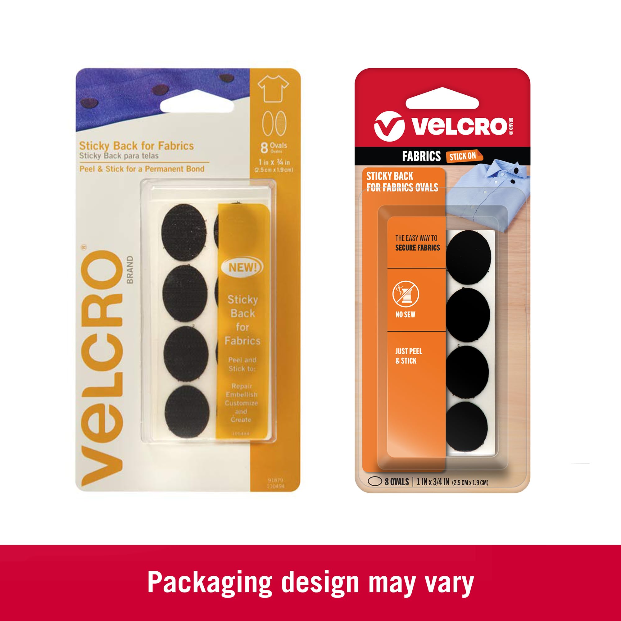 VELCRO Brand for Fabrics | Permanent Sticky Back Fabric Tape for Alterations and Hemming | Peel and Stick - No Sewing, Gluing, or Ironing | Pre-Cut Ovals, 1 x 3/4 inch, Black - 8 Sets,91879