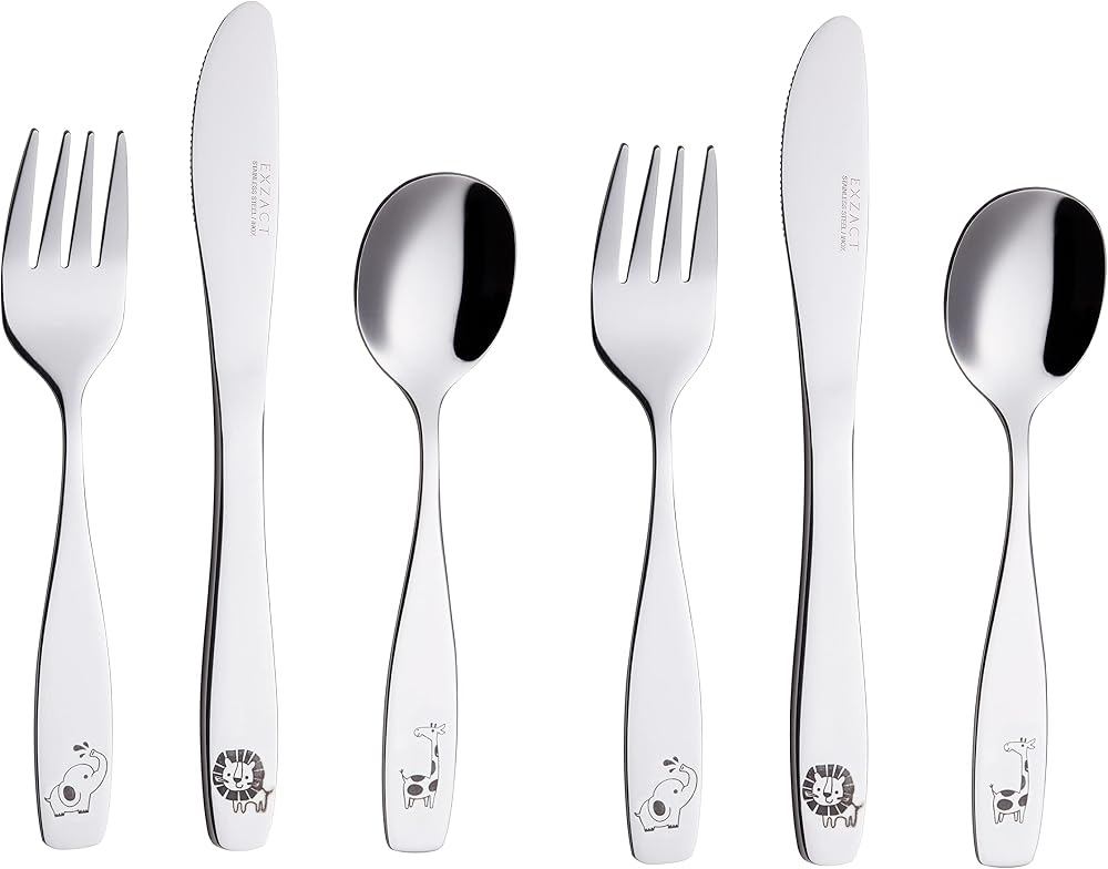 EXZACT Children Cutlery 6Pcs Stainless 18/10 Safari Giraffe Lion Kids