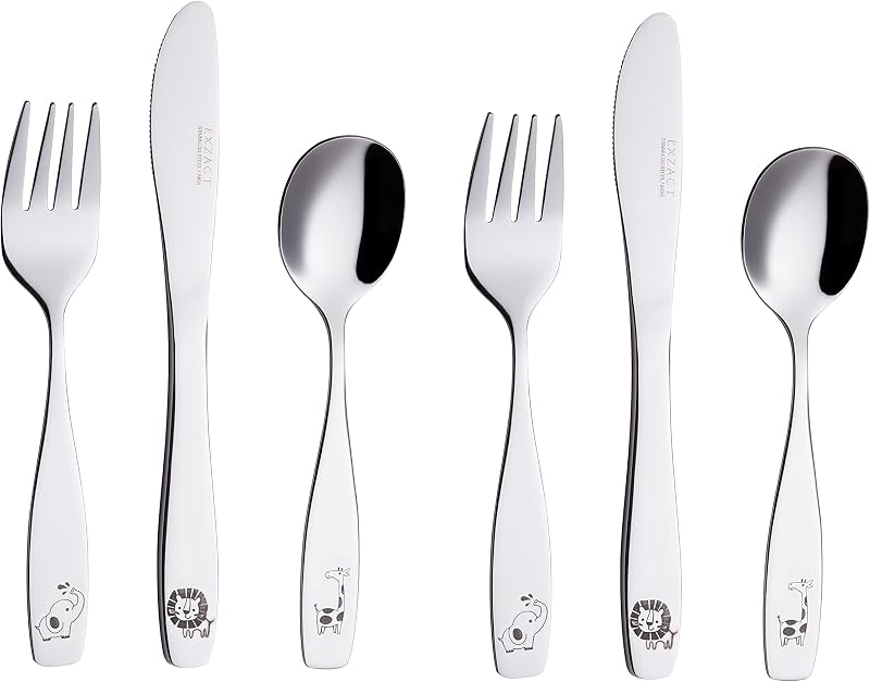 EXZACT Children Cutlery 6Pcs Stainless 18/10 Safari Giraffe Lion Kids