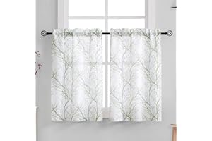 FMFUNCTEX Green Kitchen Curtains 22" x 36" Grey Tree Print on White Tier Curtain Set for Small Windows Basement Room Bathroom, 2 Panels