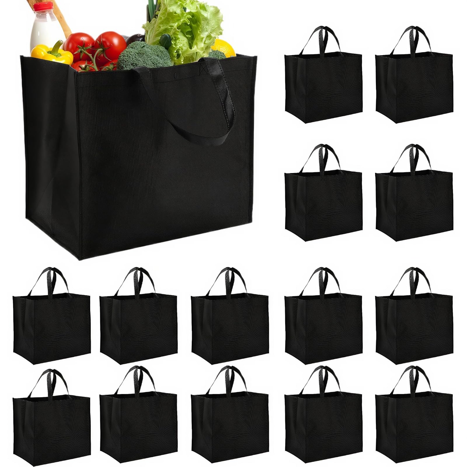 Tosnail 15 Pack Large Reusable Grocery Tote Bags with Handles, Foldable Non-Woven Shopping Bags, 33x38x24cm - Black