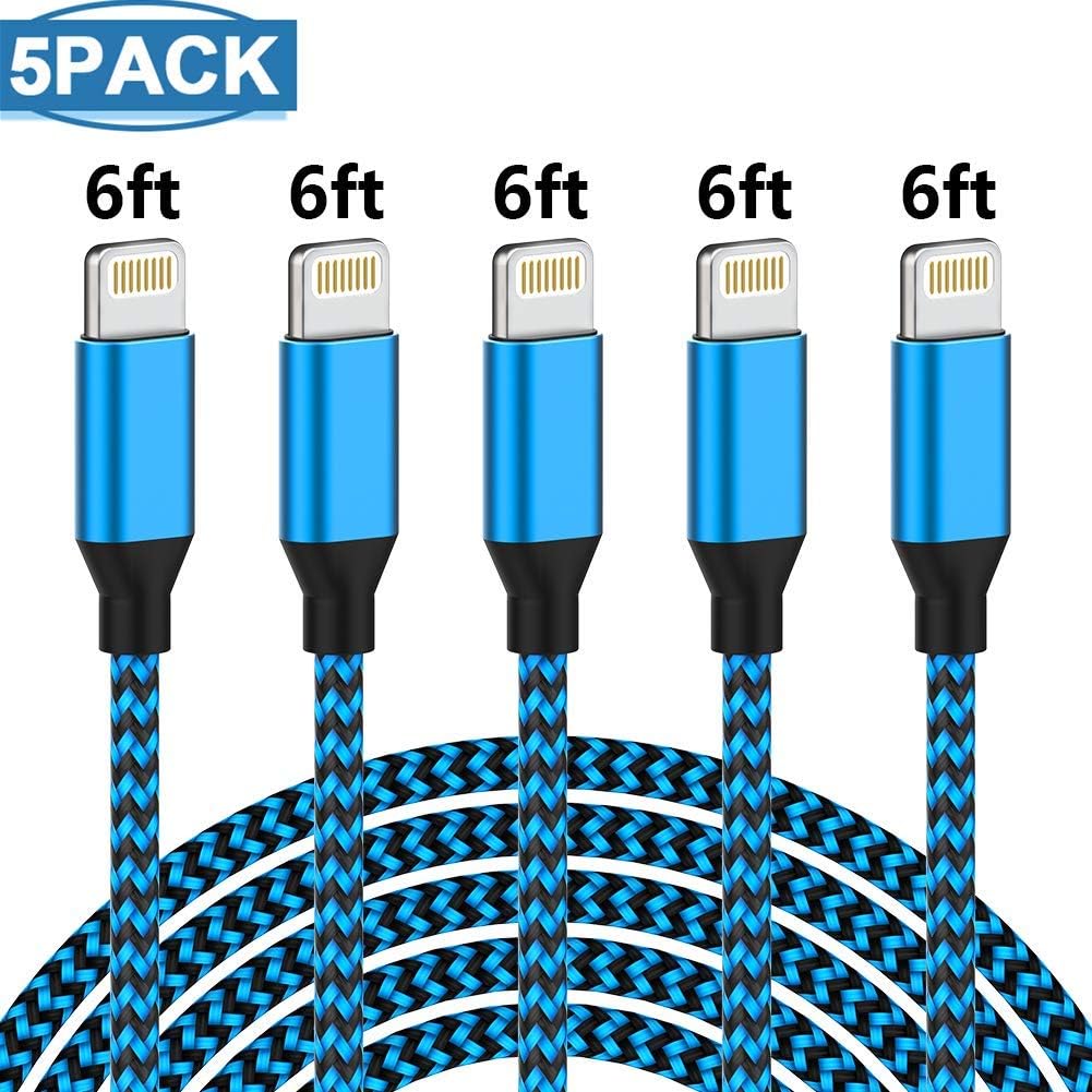 PLmuzsz MFi Certified iPhone Charger Lightning Cable 5 Pack High Speed Nylon Braided USB Fast Charging&Data Syncs Cord Compatible iPhone Xs/Max/XR/X/8/8Plus/7/7Plus/6S/6S Plus/SE/iPad/Nan (Black&Blue)