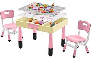 DOREROOM 4 in 1 Kids Table and 2 Chairs Set with Storage, Toddler Table and Chair Set for Kids Ages 3-10, Graffiti & Building Blocks Double-Sided Tabletop (Pink, 2 Chairs)