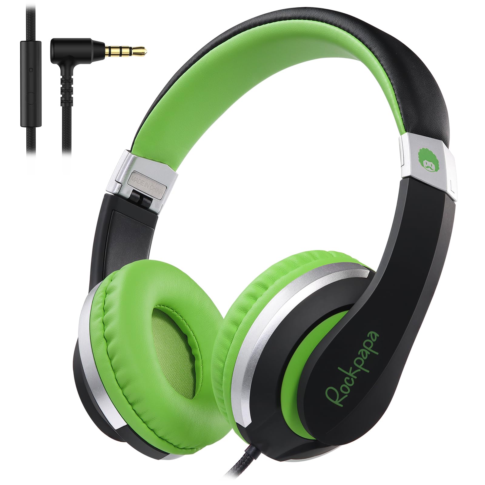 Photo 1 of rockpapa HS20 Wired Kids Headphones for School, Foldable Lightweight Boy Girl Headphones with Microphone & 3.5mm Jack for 3-15 Year Old for Airplane Tablet Phones Black Green