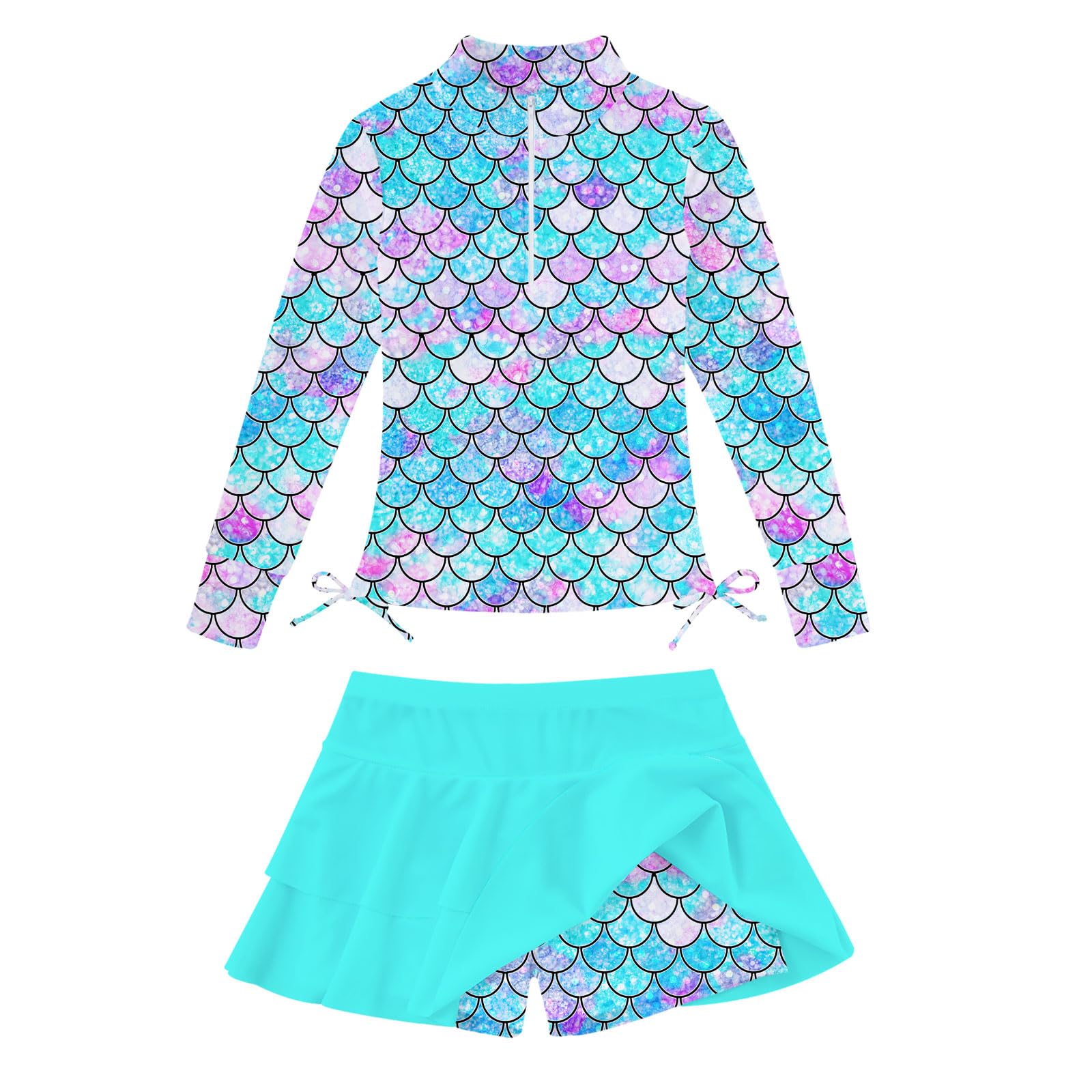 Photo 1 of 7t 8t Little Girl Swimwear Size 7-8 Girl's Swimsuit 2 Pieces Blue Rashguard Swimming Skirt with Shorts Bathing Suits for Child Long Sleeve Mermaid Rash Guard 3D Printed Sun Protection Beachwear