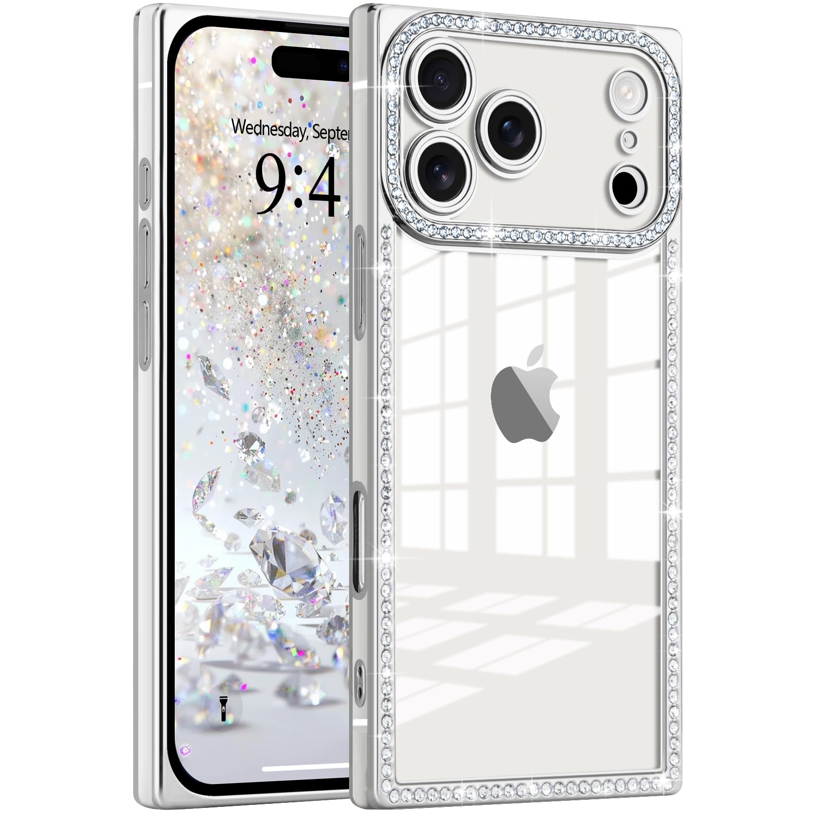 ROSEHUI Clear Glitter Phone Case for iPhone 17 Pro, Girly Luxury Bling Sparkly Diamond Rhinestones Soft TPU Plating Rectangle Edge Camera Protection Transparent Shockproof Cover for Women, Silver