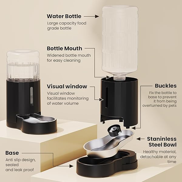 CZPET DOG WATER BOWL DISPENSER, 8L AUTOMATIC DOG AND CAT WATER DISPENSER WITH STAINLESS STEEL BOWL, GRAVITY WATERER, LARGE CAPACITY, AND QUIET DRINKING AREA FOR PETS (8L,BLACK)