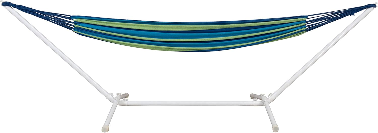  Basics Polycotton Double Hammock with White Easy Assembly Powder-Coated Steel Stand - Blue and Green Stripe : Garden & Outdoor