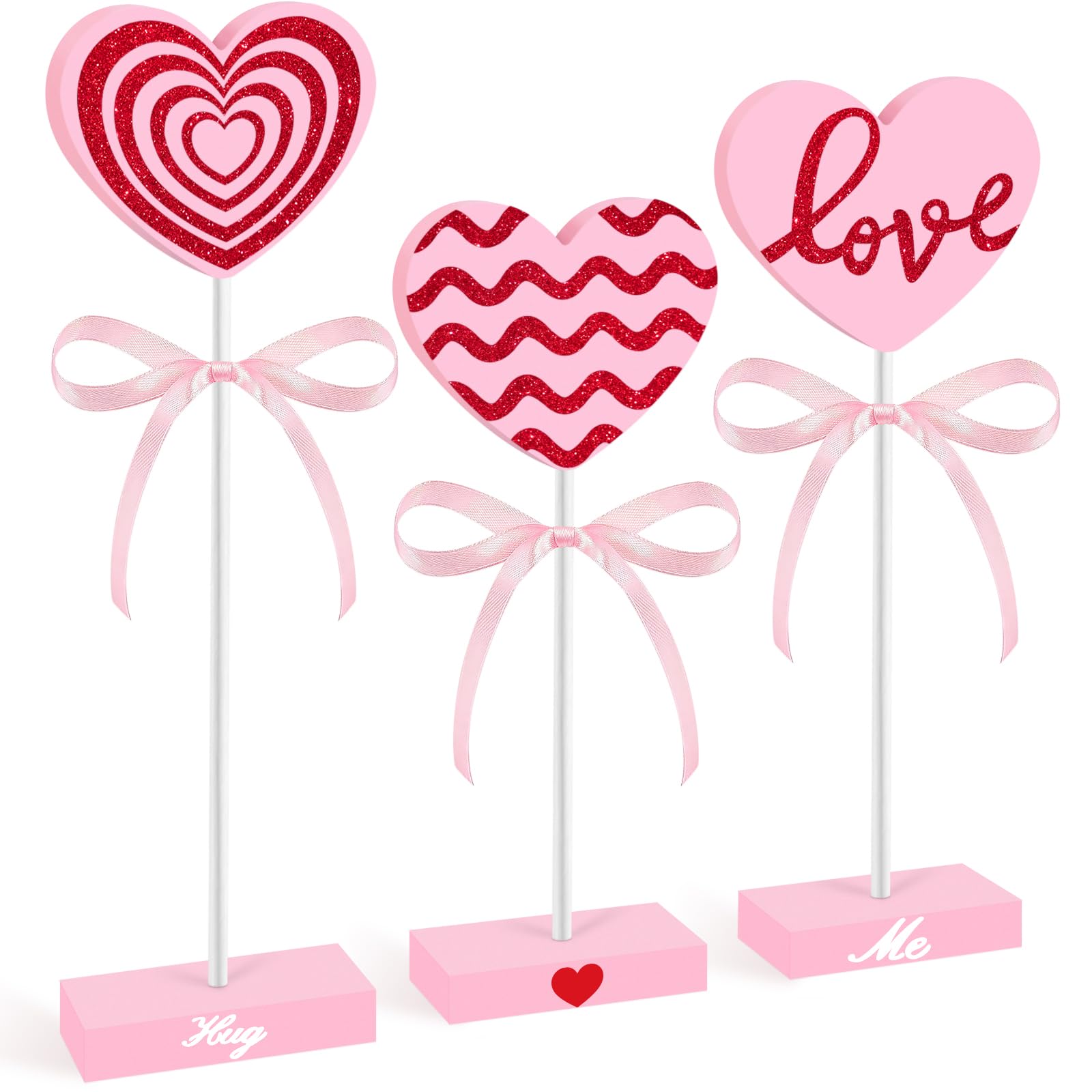 Photo 1 of 3 Pcs Valentines Day Tiered Tray Decor Set Wooden Heart Tables Centerpiece Valentine's Day Pink Red Wooden Heart Table Decor for Rustic Living Room Bookshelf Weddings Parties Home Tables Decor