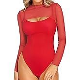 Popilush Long Sleeve Body Suits Womens Mesh Shapewear Bodysuit Tummy Control Two Piece Mock Neck Trendy Going Out Tops