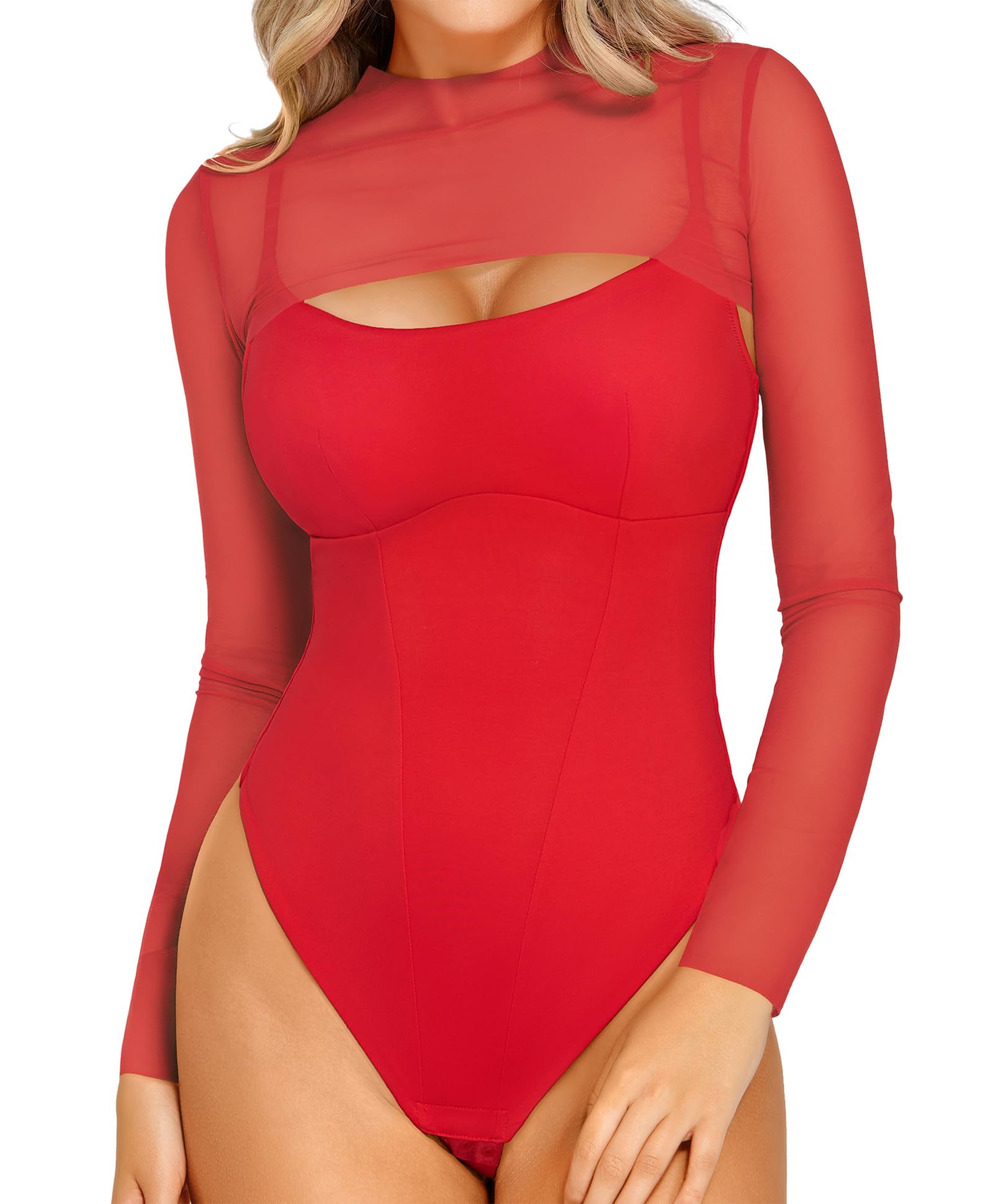 Photo 1 of Popilush Long Sleeve Red Body Suits Womens Mesh Shapewear Bodysuit Tummy Control Two Piece Mock Neck Trendy Going Out Tops