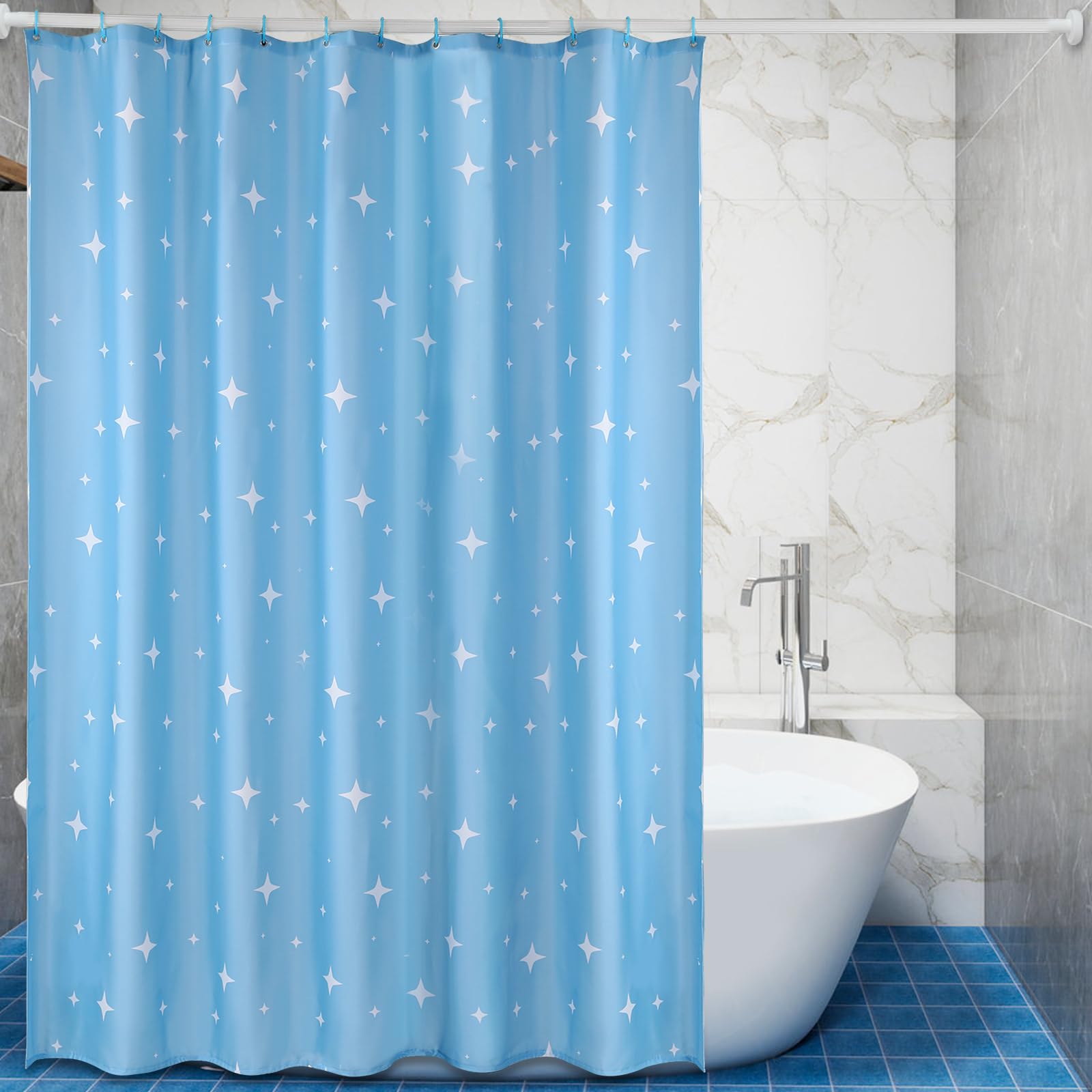 Lkw Ogechi Shower Curtain Blue with Weighted Hem 200x240 cm Star, Polyester Machine Washable Weighted Shower Curtain, Waterproof Anti-mould Wetroom Long Bathtub Curtains Heavy Duty