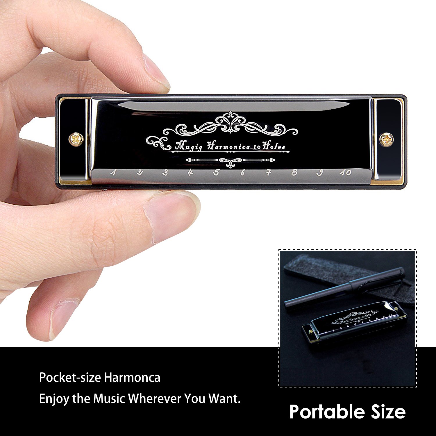 Mugig Harmonica Blues en Do 10 Trous Chrome avec Etui, Frettes en Bronze Phosphoreux, Facile à Nettoyer et Entretenir, pour Les Débudants et Enfants