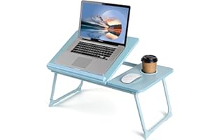 Cinica Laptop Desk Tray Bed Table, Adjustable Foldable Desk Notebook Stand Reading Holder with Cup Holder, Portable Table for Picnicing and Eating/Writing/Working on Bed/Couch/Sofa (Blue)