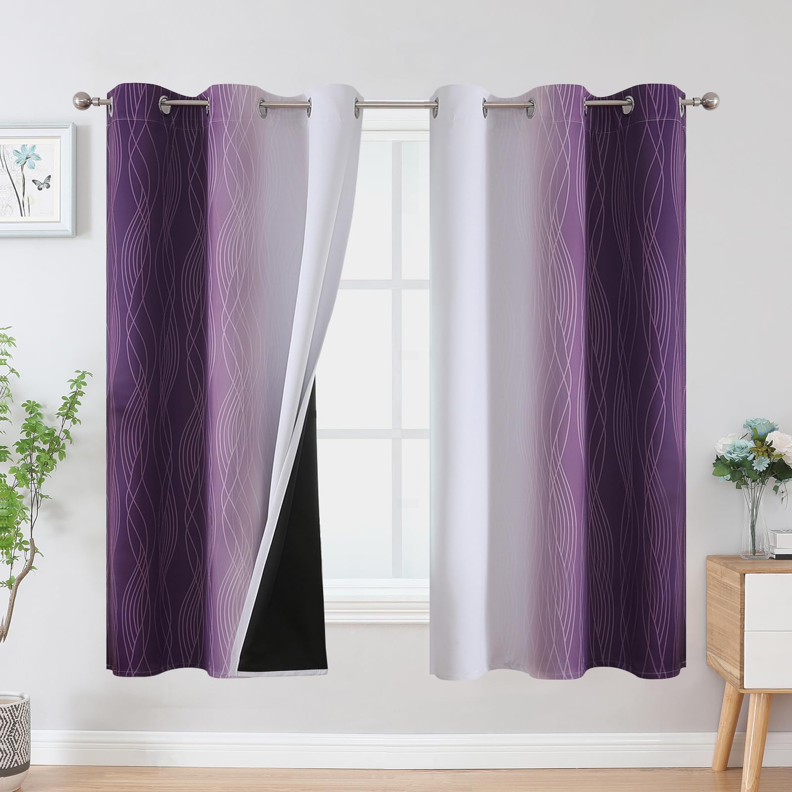 VEHEDE Ombre Blackout Curtains for Kids Bedroom, Thermal Insulated Noise Reducing Gradient Drapes 63 Inch Drop for Living Room, W42 x L63 Inch, Purple and Greyish White, 2 Panels