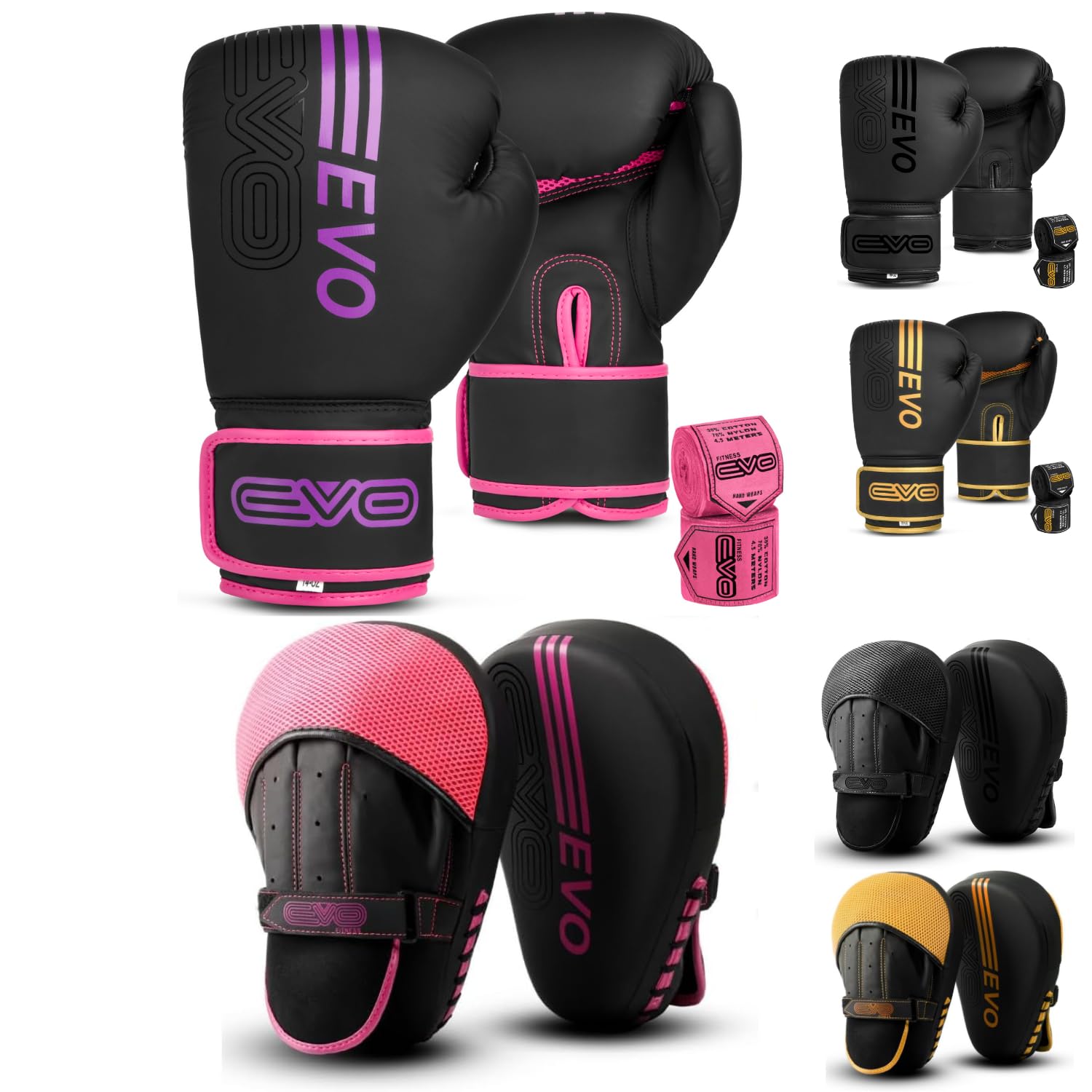 EVO Fitness Matte Black Boxing Gloves and Pads Set Punching Focus Mitts Hook and Jab Hand Target Strike Shield Training Sparring MMA Martial Arts Muay Thai Kickboxing Karate Men Women (8 OZ, Pink)