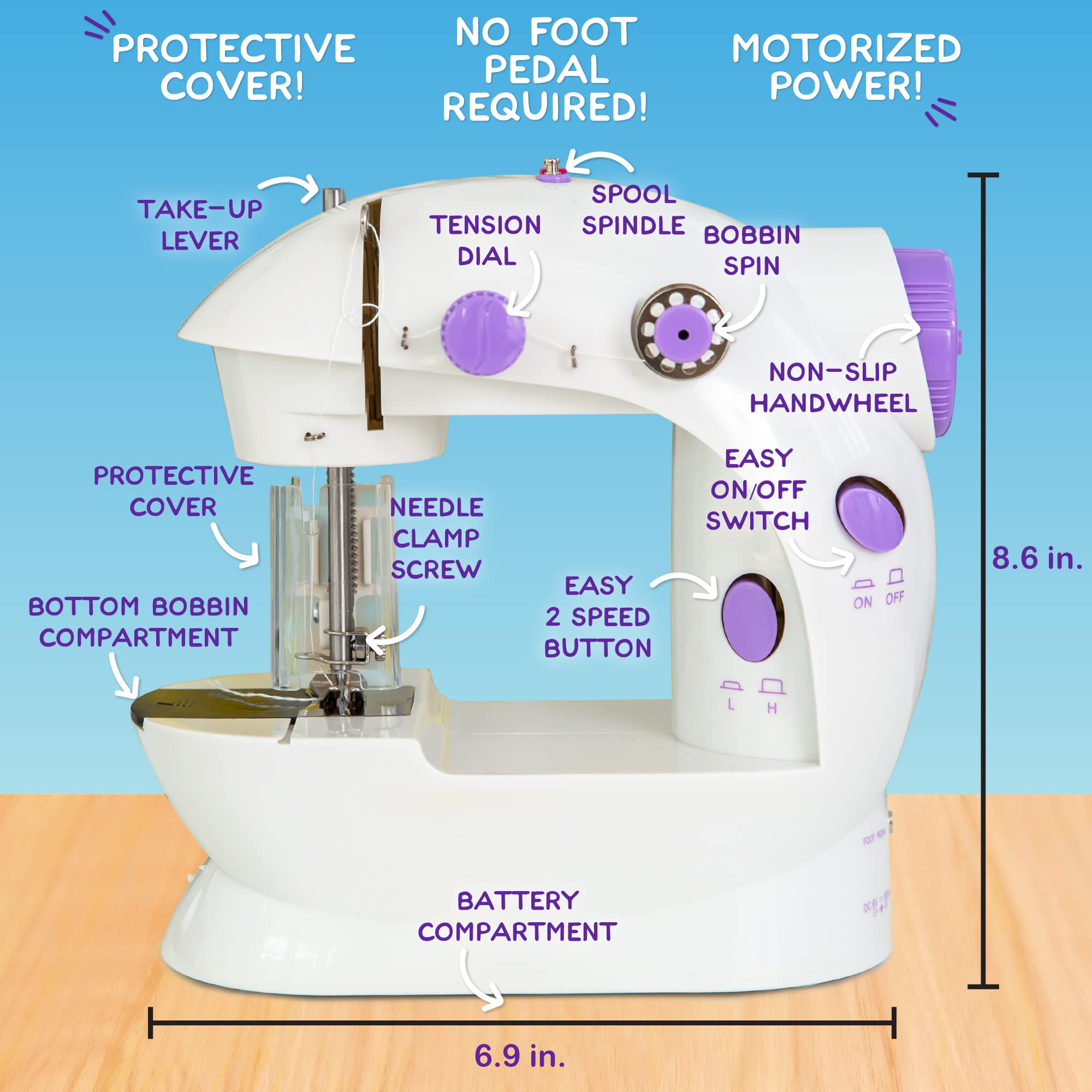 Made By Me My Very Own Sewing Machine for Beginner, Portable Battery Powered First Sewing Machine for Kids Ages 8+, Includes Fabric, Thread, Measuring Tape, & Stuffing,