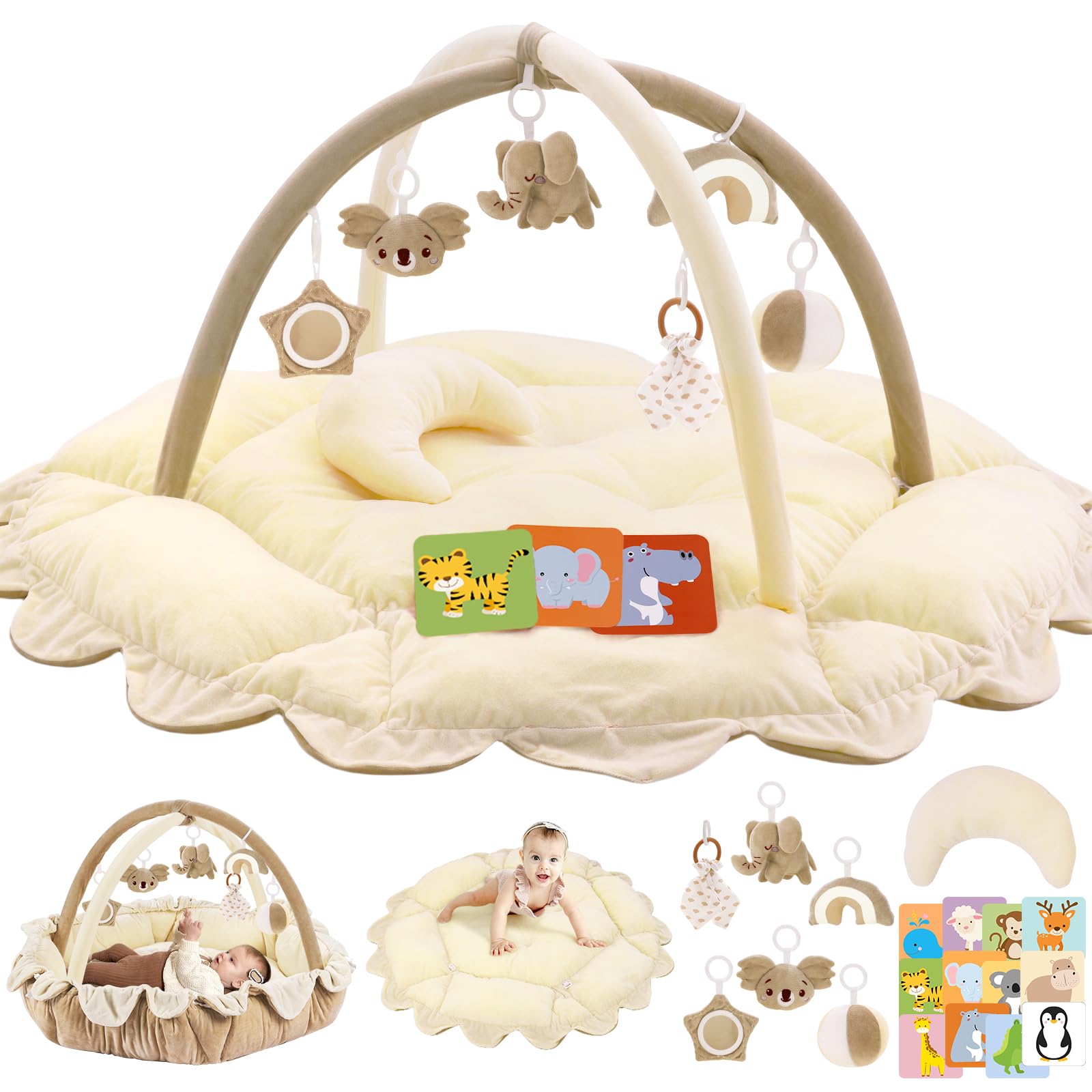 Photo 1 of 5-in-1 Plush Baby Play Gym, Baby Play Mats, Convertible Baby Gym with Pillow, Tummy time mat, 6 Sensory Toys, Baby Activity Center from Newborn to Toddler, Pet Bed, Cat & Dog Bed, Ball Pit, Cream