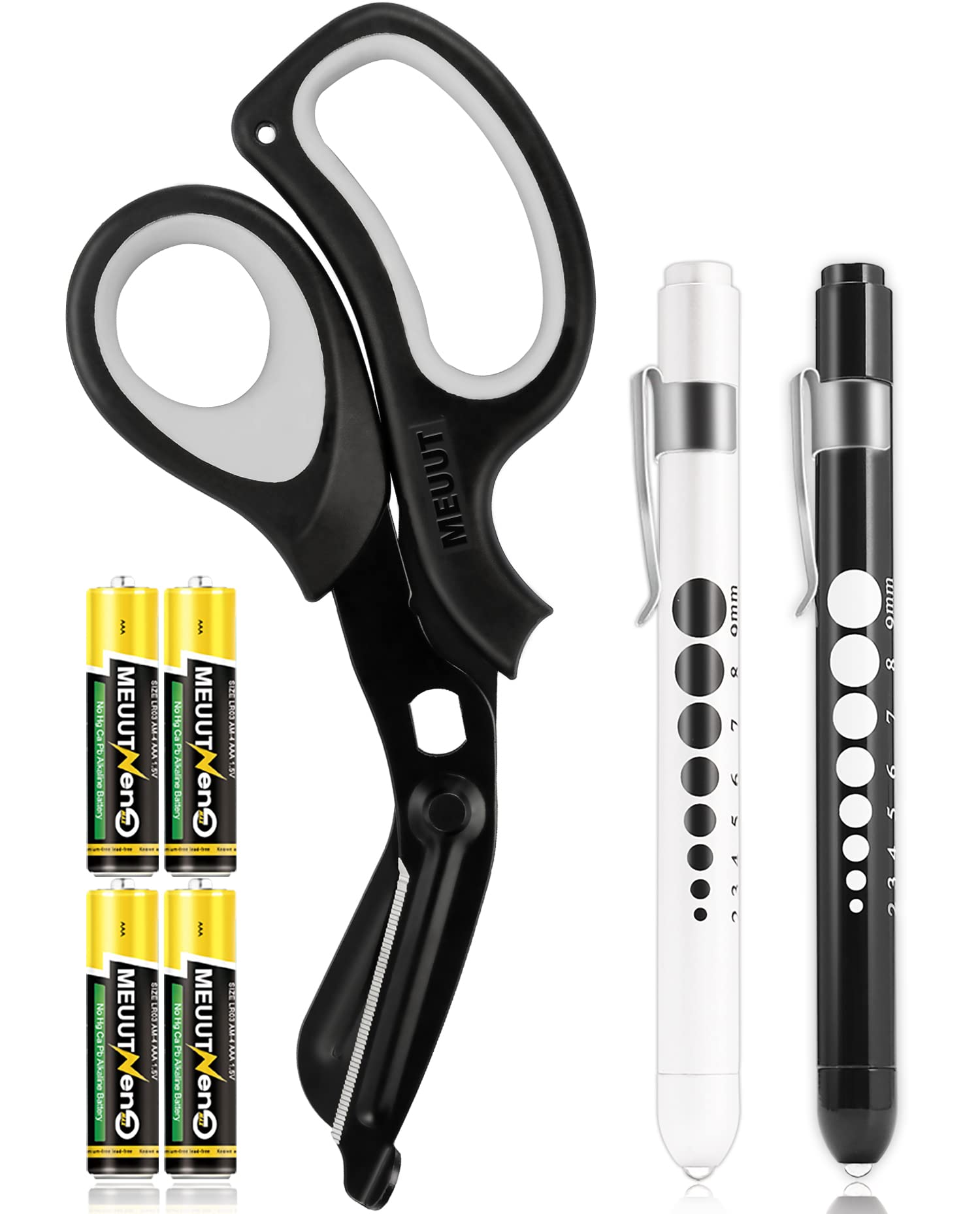 Photo 1 of MEUUT 3 Pack Penlight & Medical Scissors- One 8 Inches Patented Trauma Shears Two LED Pen light with Four Batteries - Bandage Scissor for- Nurse, First Aid, EMT, Doctor
