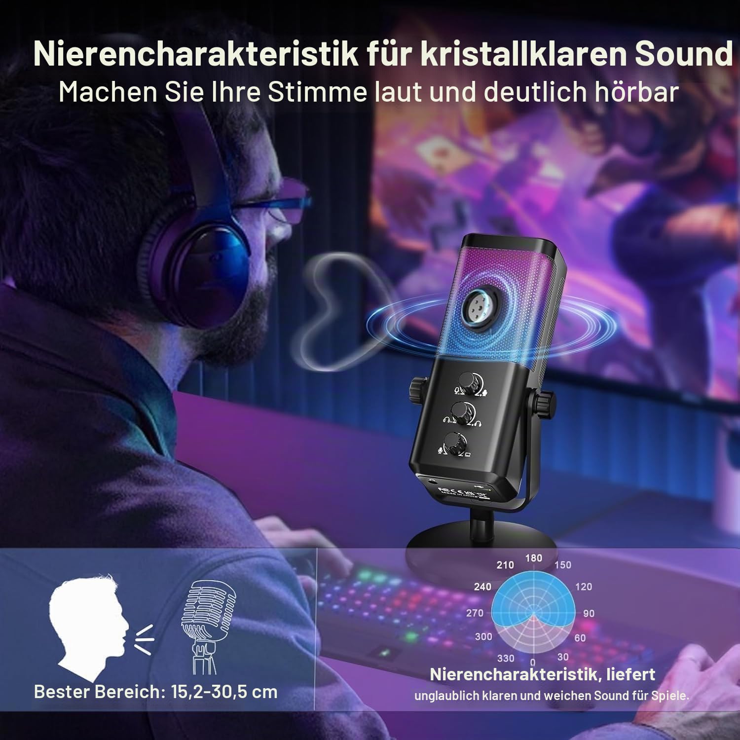socodox Gaming Mikrofon USB Kondensator Mikrofon mit Game Chat Balance/Noise Cancelling, Microphone für PC Handy PS4 PS5 Mac für Streaming Podcast Studio Aufnahmen ASMR mit RGB/Stumm/Gain/Monitoring 5