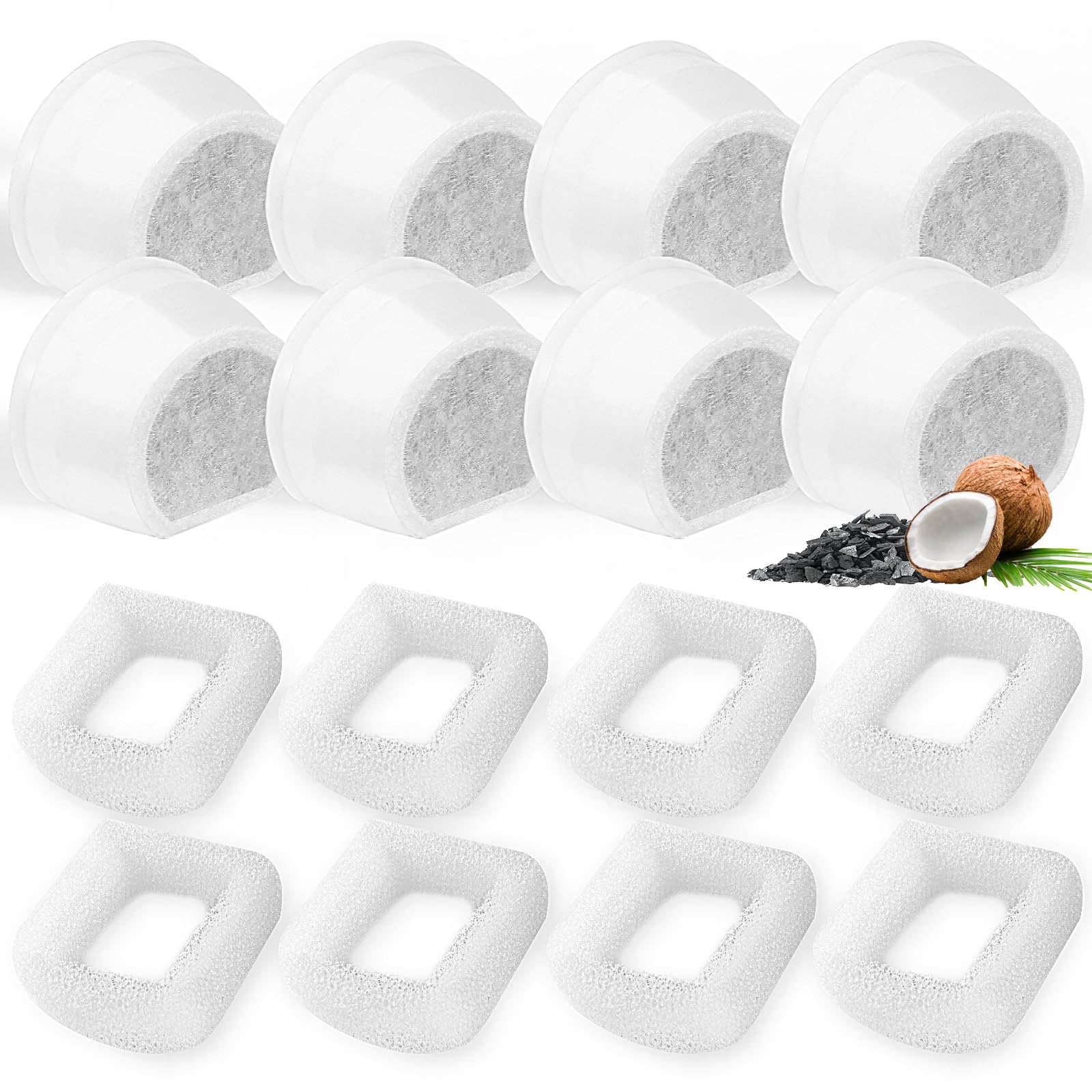 Photo 1 of 16 Pack Cat Water Fountain Filters Replacement, 8 Carbon Filters and 8 Foam Sponge Pre-Filter Fit for Multiple Ceramic and Stainless Steel Pet Fountains