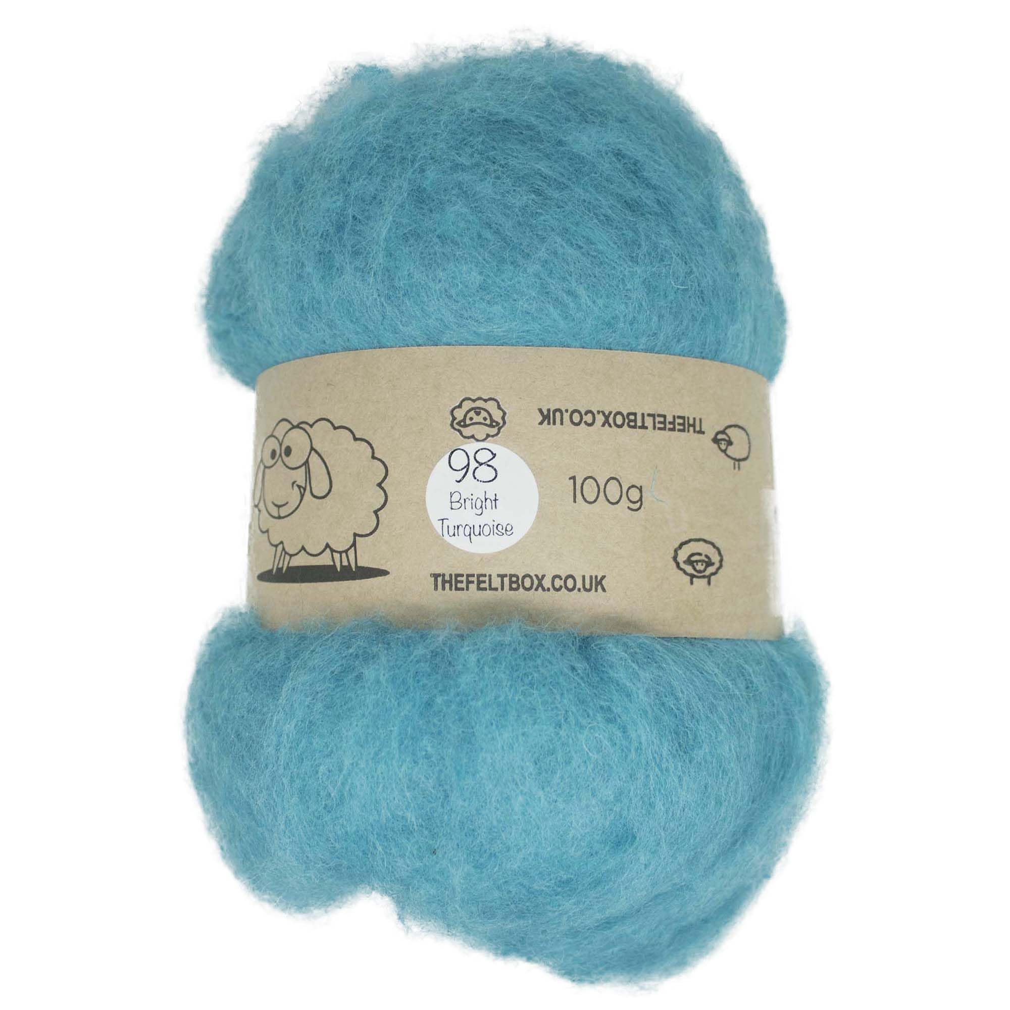 The Felt Box Needle Felting Wool 100g – Bright Turquoise #98 Shade – Carded NZ Wool Batt with Short Coarse Fibres – Mulesing-Free for 3D Needle Felting Wet Felting & Spinning