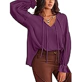 KI LAPHEE Boho Oversized Tunic for Women-Lantern Sleeve Blouse Casual Shirt with V-Neck,Long Sleeve Trendy Dressy Tops