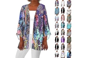 YUTANRAL Womens Summer Tops Floral Printed Lightweight Cardigan Casual Loose 3/4 Sleeve Tops Plus Size Kimonos Cover Ups