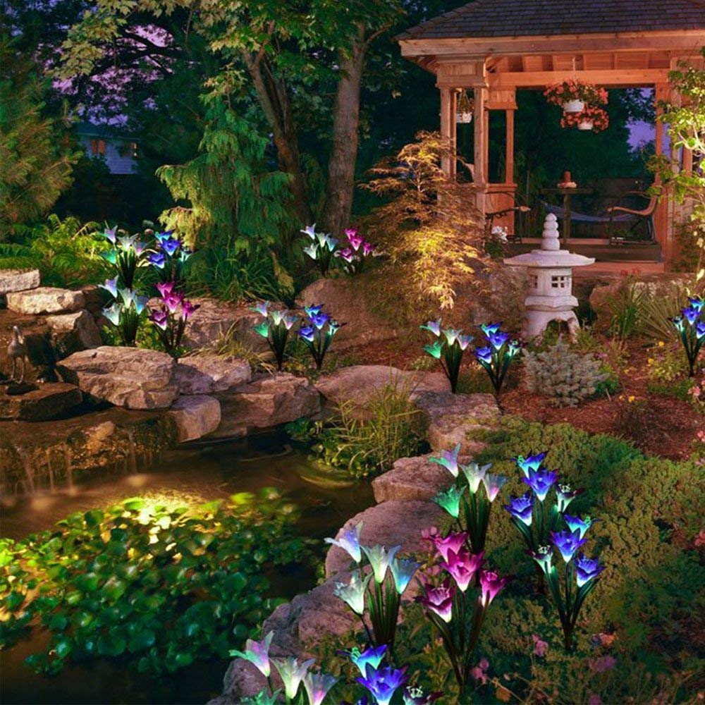 2 Pack Outdoor Solar Lights, AOIEORD Multi-Colors Changing Solar LED Flower Stake Lights with 8 Lily Flowers, Perfect for Garden, Patio, Backyard Decorating Halloween & Christmas (Purple & White)