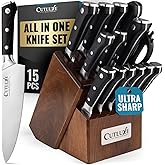 Cutluxe 15-Piece Knife Set – High Carbon German Steel Blades, Full Tang Design & Ergonomic Pakkawood Handles in Walnut Wood Block – Artisan Series