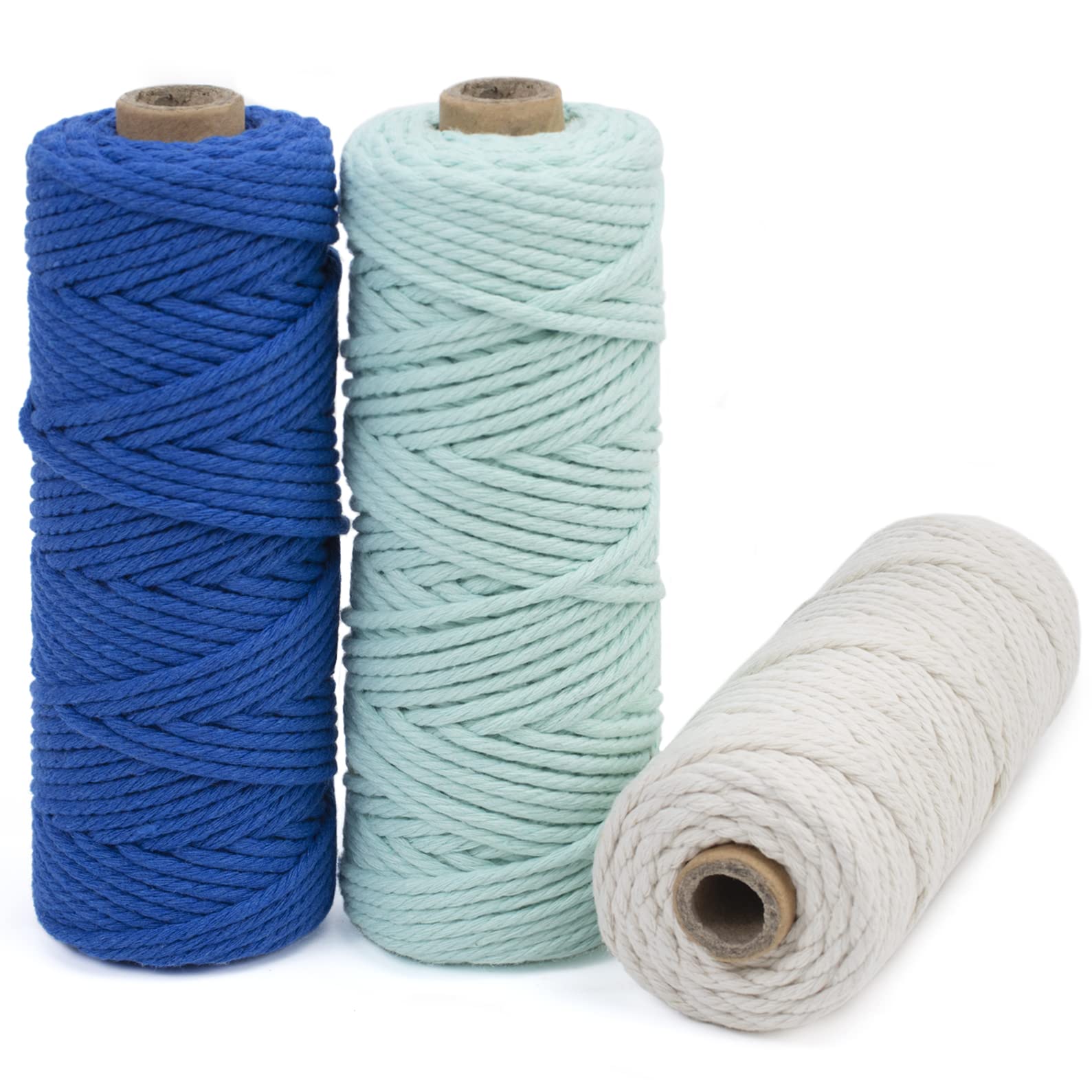 LEREATI Macrame Cord 3mm Set, 150m Thick Cotton Rope Yarn, 4 Strand Twisted Soft String for Crafts, Plant Hanger, Wall Hanging, DIY, Home Decoration (3 Color I), I) Navy Blue, Light Blue, Natural