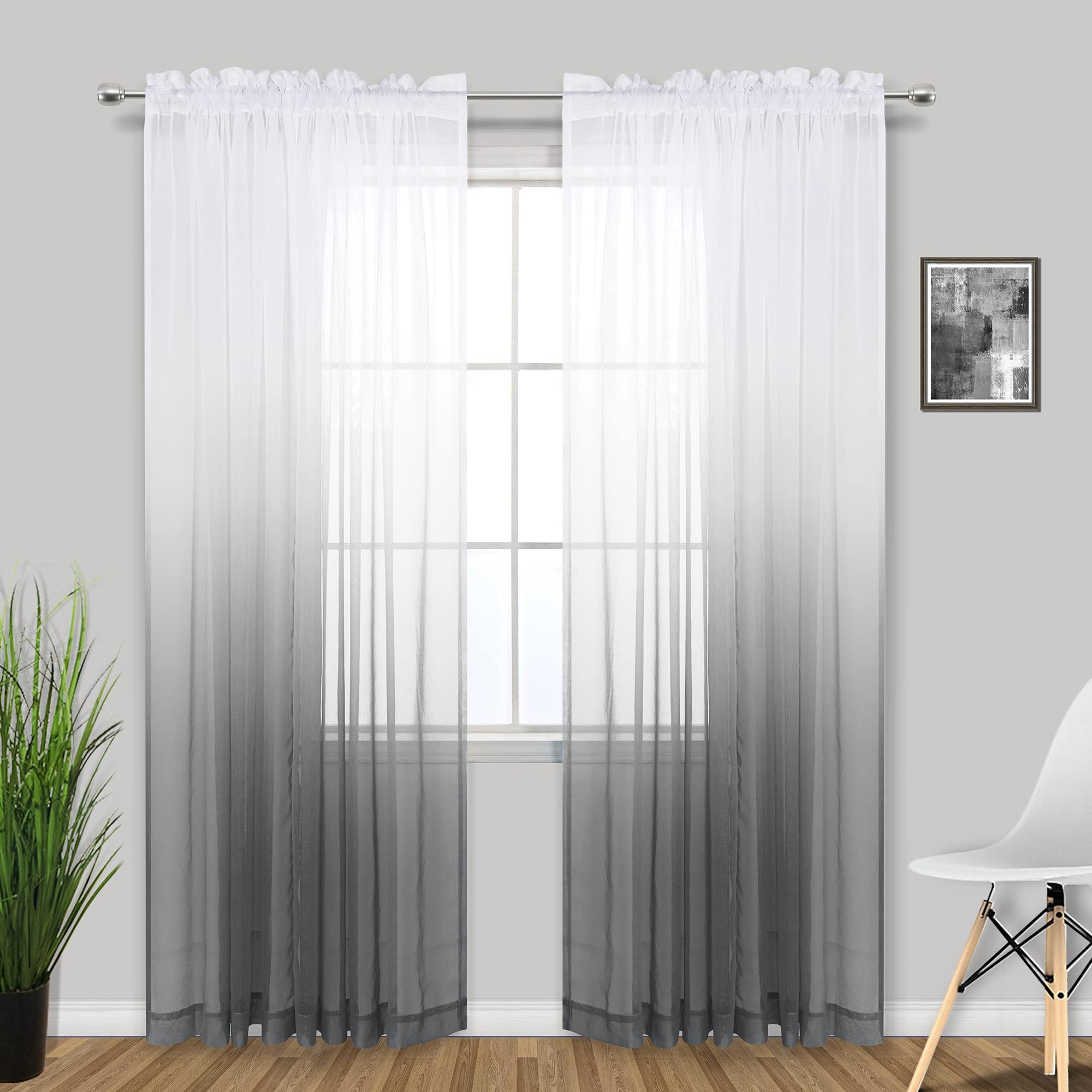 Grey Curtains 84 Inch Length for Bedroom 2 Panels Set Ombre Decorative Design Rod Pocket Semi Sheer Window Drapes Modern White Gray Pattern Curtains for Living Room Wide 7FT Long Charcoal Dark Slate