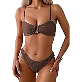Fanuerg Women's Ribbed Bikini Sets U Wire Adjustable Spaghetti Straps Swimsuit Textured Ruched Two Piece Bathing Suit