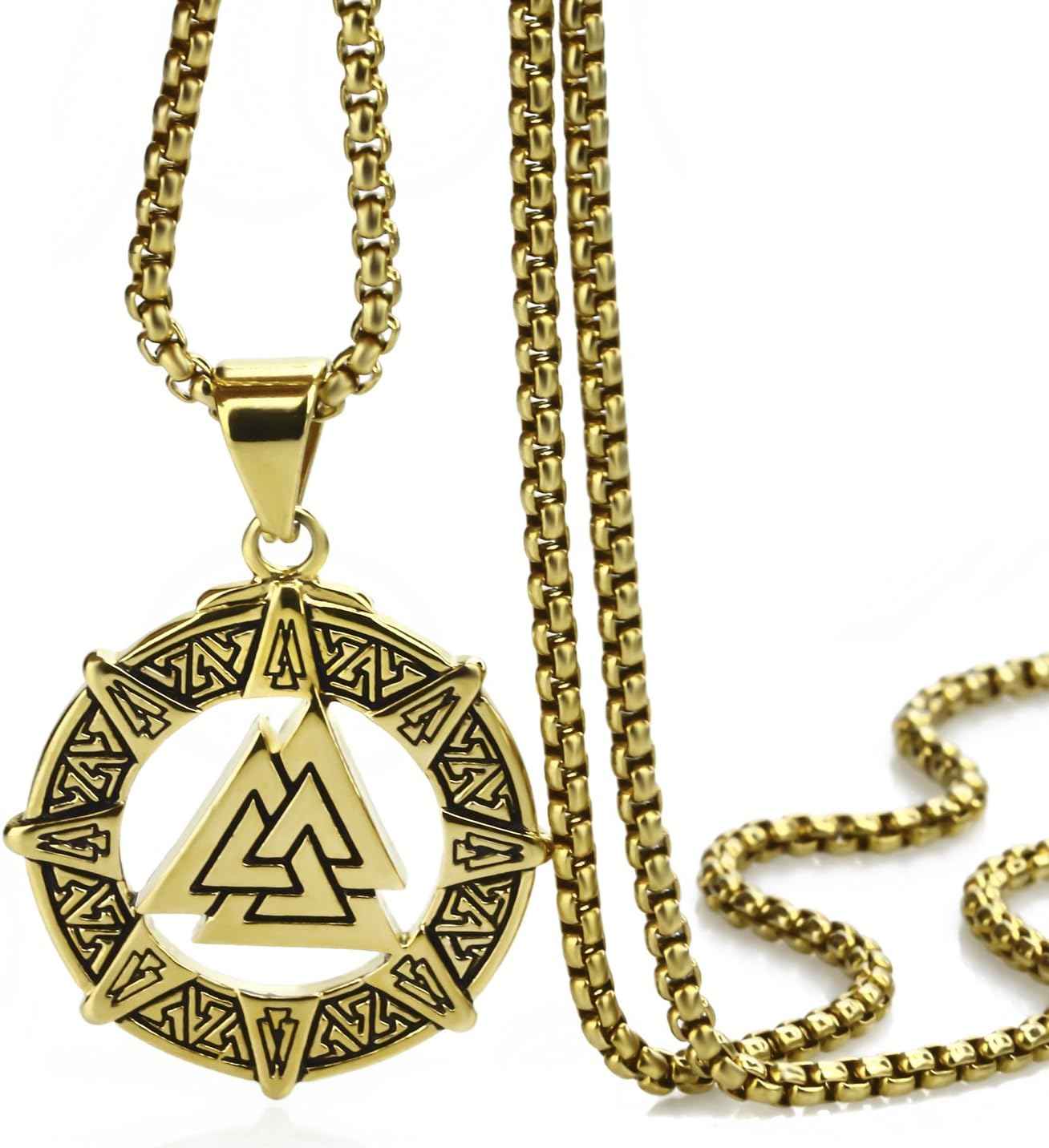 Elfasio Stainless Steel Gold Pendant Necklace Mens Boys Valknut Scandinavn Odin Symbol Norse Viking Chain