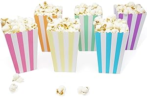 Chloe Elizabeth Mini Popcorn & Candy Favor Treat Boxes For Birthday, Bridal and Baby Shower - Assorted Striped Design - 36 Count (Rainbow Pastel Mix)