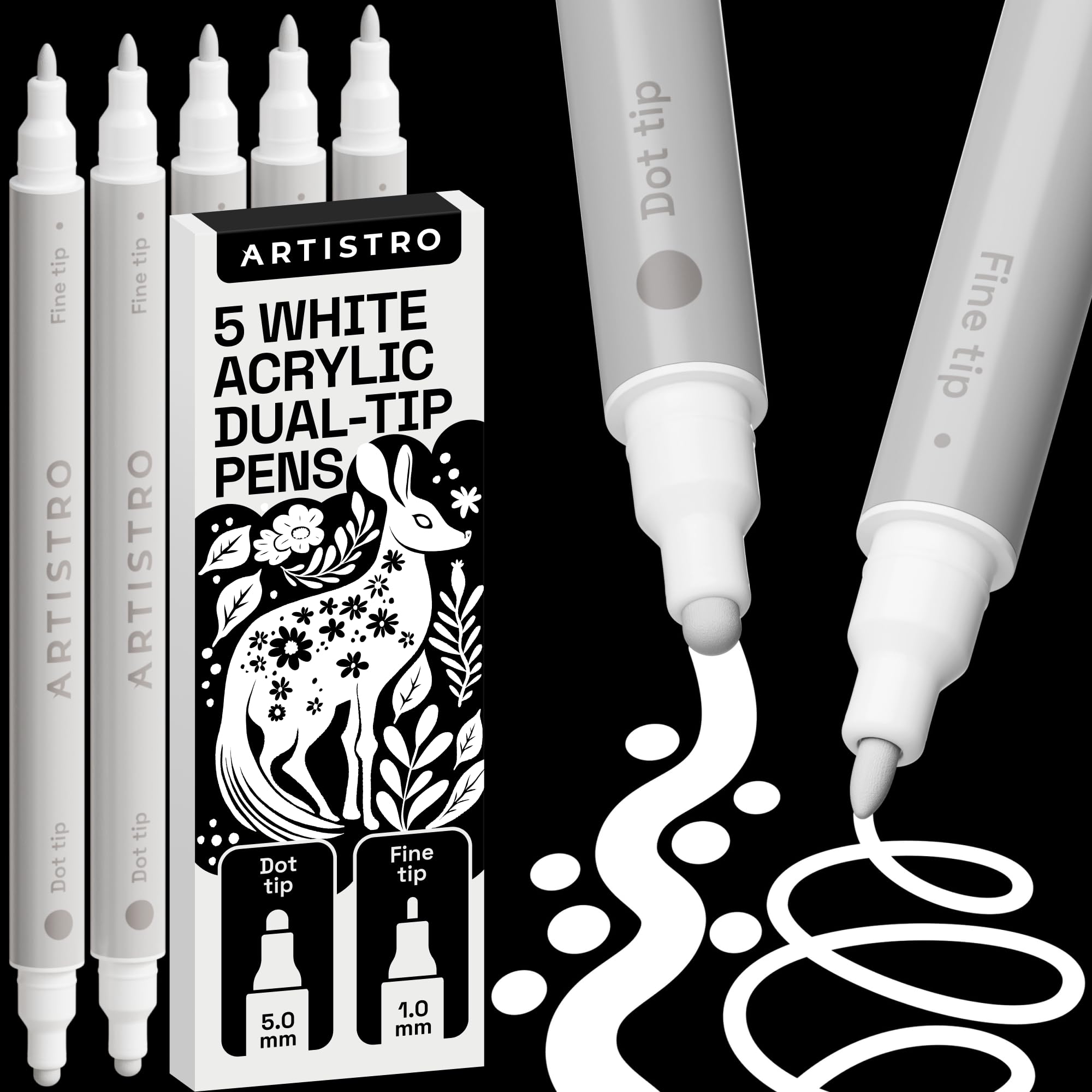 ARTISTRO 5 White Acrylic Paint Markers for Rock, Fabric, Wood, Glass, Craft, Decoration - Dual-Tip Paint Pens - Stocking Stuffers, Christmas Gift Idea for Teens, Grandkids, Kids - Art Supplies
