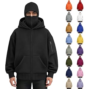 Balaclava Jacket Zip Up Fashion Double Layer Hoodie Hip Hop Jackets | Unisex Balaclava Hoodie with Mask,Double Hooded Hoodies