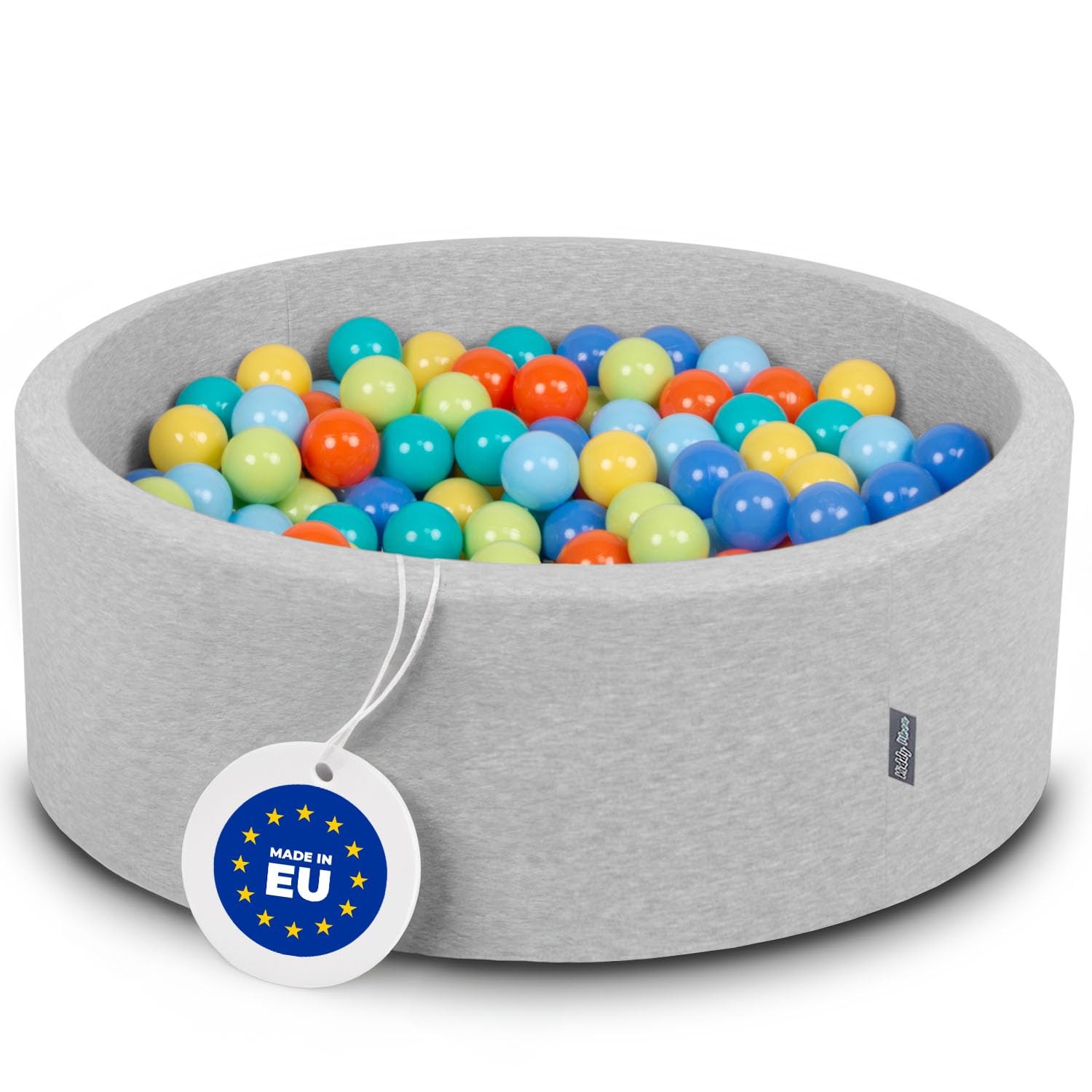 KiddyMoon 90X30cm/200 Balls ∅ 7Cm / 2.75In Baby Foam Ball Pit Made In EU, L.Grey:L.Green/Orange/Turquois/Blue/Babyblue/Yellw