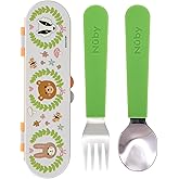 Nuby Stainless Steel Toddler Utensils with Travel Case - Self-Feeding Fork & Spoon Set for Kids - Easy-to-Hold Training Utensils - Rounded Safe Edges for Self-Feeding - Forest Animals
