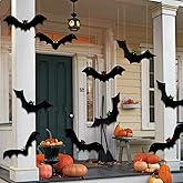 YUJUN Halloween Hanging Bats 12 Pieces 3D Realistic Scary Large Fake Black Hanging Flying Bat Spooky for Yard Sign Outdoor In