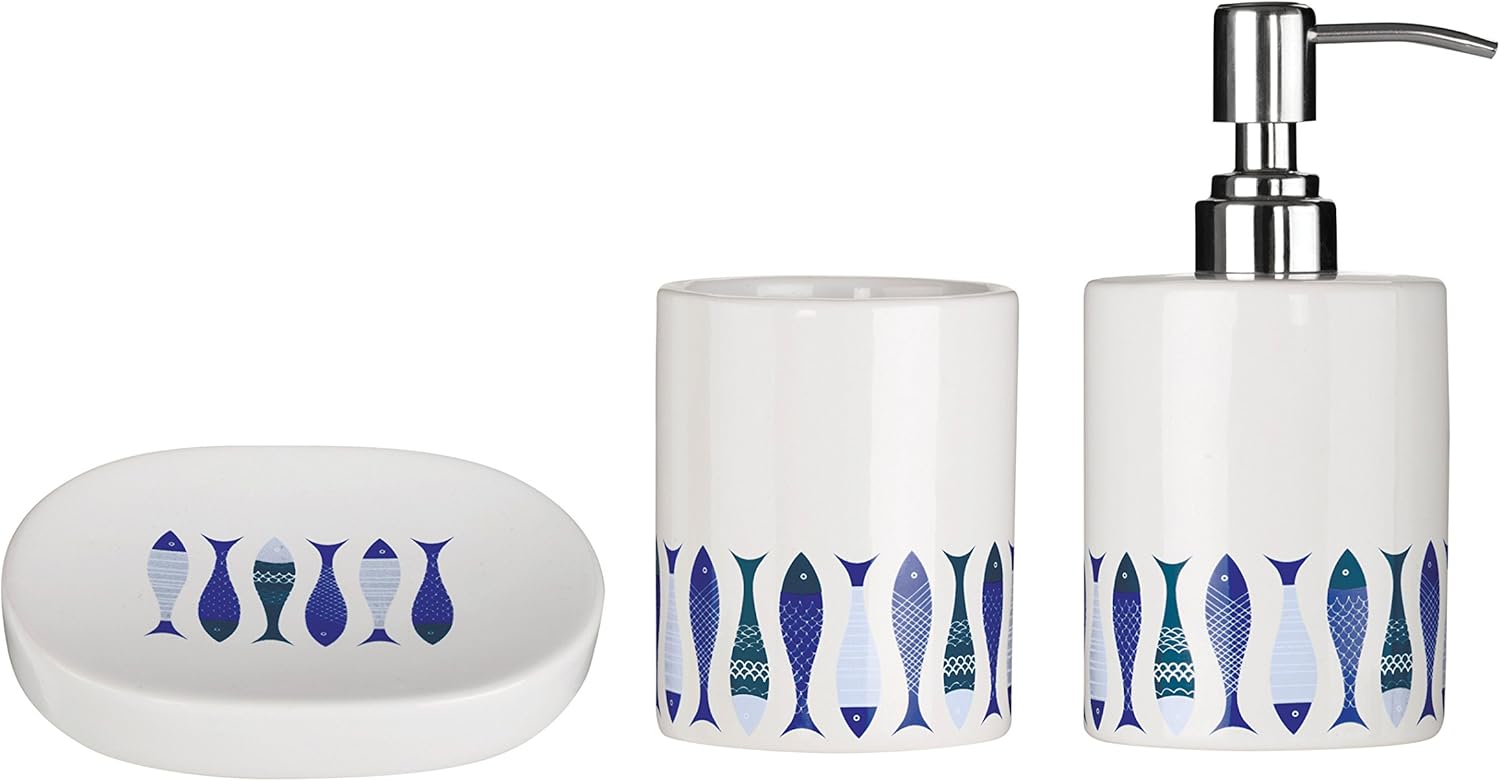 Premier Housewares Pisces Bathroom Set White Blue 3 Piece 21 X 25
