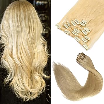 Amazon Com Clip In Hair Extensions Human Hair Blonde Extensions 7 Pieces 70g Silky Straight Weft Remy Real Hair 22 Inches 613 Beauty