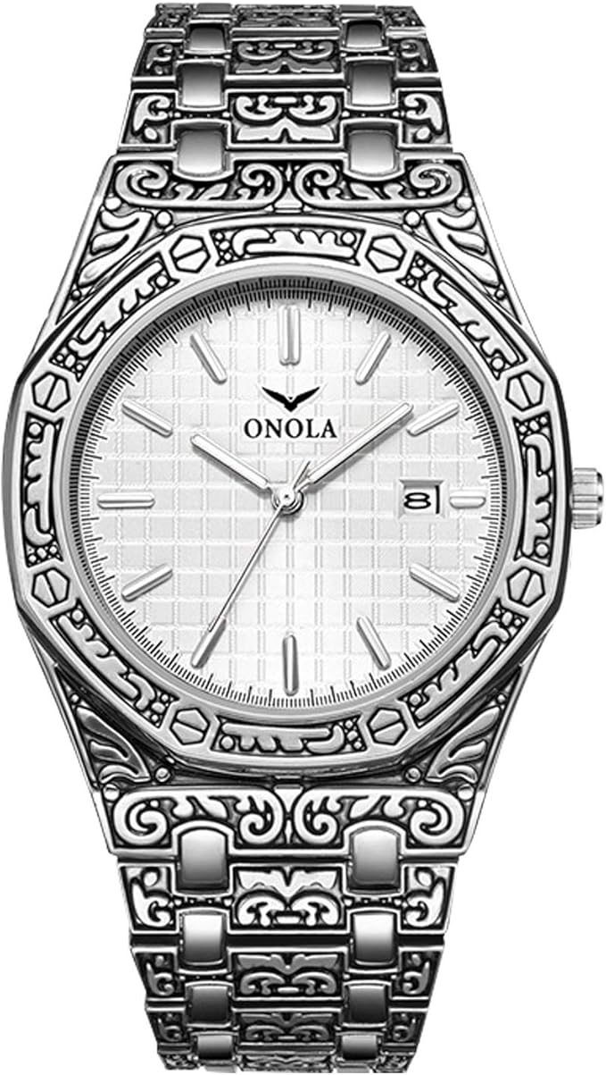 Amazon Rorios 腕時計 メンズ おしゃれ 彫刻プロセス クラシック レトロ風 日付 生活防水 ステンレスバンド クオーツ 時計 アナログ ビジネス ウオッチ 人気 通勤 Watch For Men ホワイトb メンズ腕時計 腕時計 通販