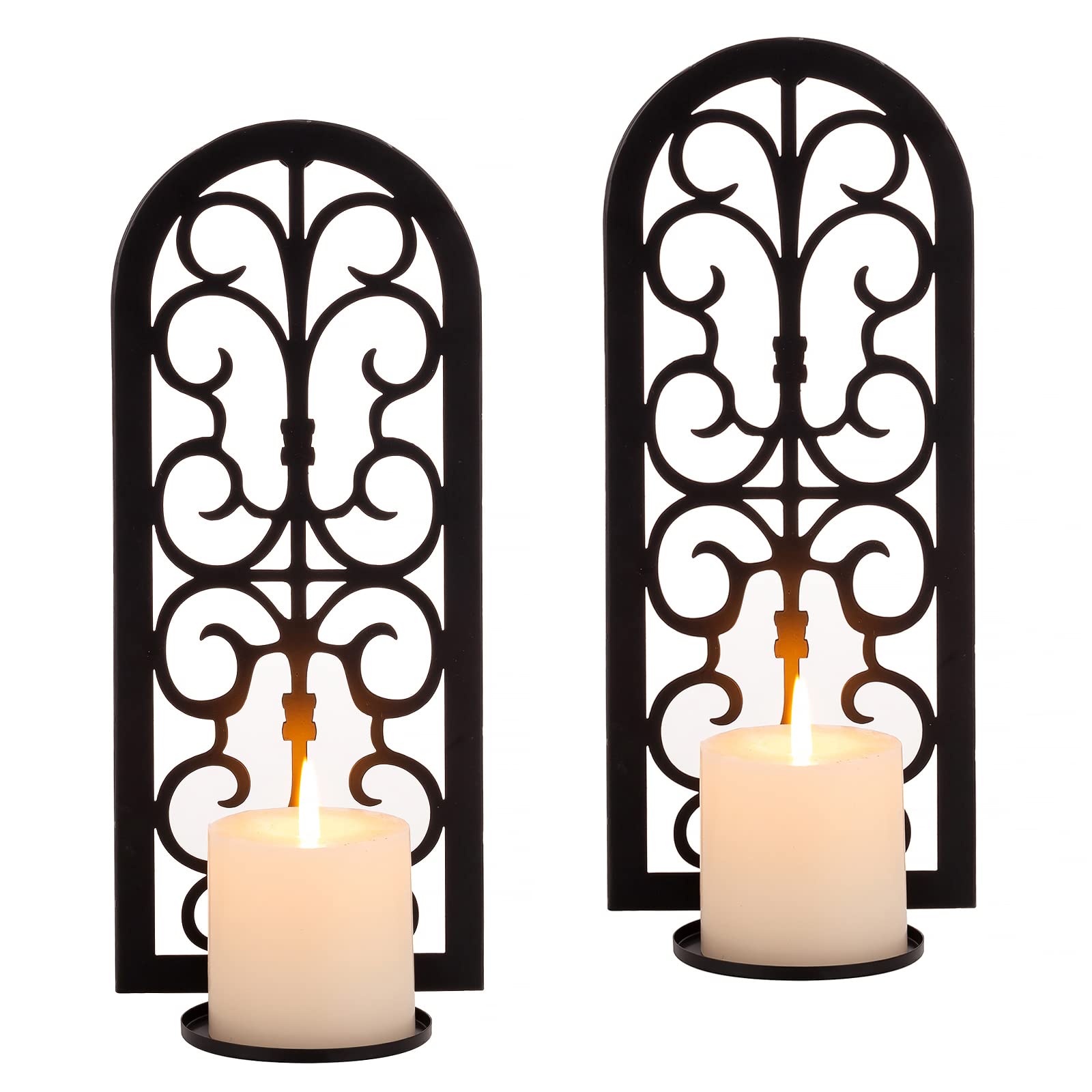 Sziqiqi Metal Candle Sconces Hanging Wall Candle Holders Set of 2, Vintage Wall Mounted Sconces for Tea Light Pillar Candles Wall Art Decor for Living Room Bedroom Fireplace Bathroom, Black
